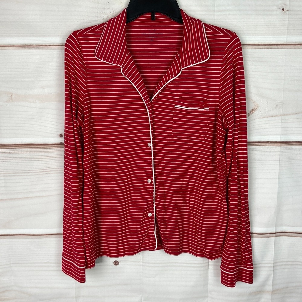 Vineyard Vines Pajama Top Women M Red White Shirt Stripe Button Up Pocket Jersey
